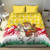 Venezuela Christmas Bedding Set with Santa on Horse Traditional Outfit Snowflakes and Yellow Plaid - Wonder Print Shop
