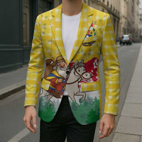 Venezuela Christmas Blazer with Santa on Horse Traditional Outfit Snowflakes and Yellow Plaid - Wonder Print Shop