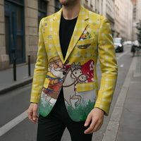Venezuela Christmas Blazer with Santa on Horse Traditional Outfit Snowflakes and Yellow Plaid - Wonder Print Shop