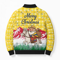 Venezuela Christmas Bomber Puffer Jacket with Santa on Horse Traditional Outfit Snowflakes and Yellow Plaid - Wonder Print Shop