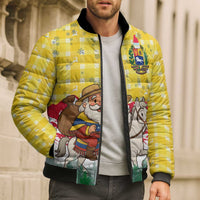 Venezuela Christmas Bomber Puffer Jacket with Santa on Horse Traditional Outfit Snowflakes and Yellow Plaid - Wonder Print Shop