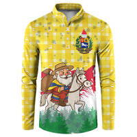 Venezuela Christmas Button Sweatshirt with Santa on Horse Traditional Outfit Snowflakes and Yellow Plaid - Wonder Print Shop