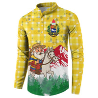 Venezuela Christmas Button Sweatshirt with Santa on Horse Traditional Outfit Snowflakes and Yellow Plaid - Wonder Print Shop