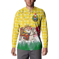 Venezuela Christmas Button Sweatshirt with Santa on Horse Traditional Outfit Snowflakes and Yellow Plaid - Wonder Print Shop