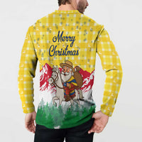 Venezuela Christmas Button Sweatshirt with Santa on Horse Traditional Outfit Snowflakes and Yellow Plaid - Wonder Print Shop