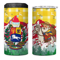 Venezuela Christmas 4 in 1 Can Cooler Tumbler with Santa on Horse Traditional Outfit Snowflakes and Yellow Plaid - Wonder Print Shop