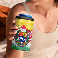 Venezuela Christmas 4 in 1 Can Cooler Tumbler with Santa on Horse Traditional Outfit Snowflakes and Yellow Plaid - Wonder Print Shop