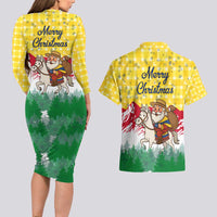 Venezuela Christmas Couples Matching Long Sleeve Bodycon Dress and Hawaiian Shirt with Santa on Horse Traditional Outfit Snowflakes and Yellow Plaid - Wonder Print Shop