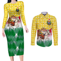 Venezuela Christmas Couples Matching Long Sleeve Bodycon Dress and Long Sleeve Button Shirt with Santa on Horse Traditional Outfit Snowflakes and Yellow Plaid - Wonder Print Shop