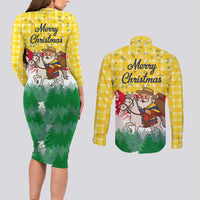 Venezuela Christmas Couples Matching Long Sleeve Bodycon Dress and Long Sleeve Button Shirt with Santa on Horse Traditional Outfit Snowflakes and Yellow Plaid - Wonder Print Shop