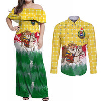 Venezuela Christmas Couples Matching Off Shoulder Maxi Dress and Long Sleeve Button Shirt with Santa on Horse Traditional Outfit Snowflakes and Yellow Plaid - Wonder Print Shop