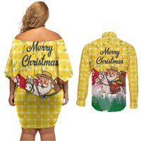 Venezuela Christmas Couples Matching Off Shoulder Short Dress and Long Sleeve Button Shirt with Santa on Horse Traditional Outfit Snowflakes and Yellow Plaid - Wonder Print Shop
