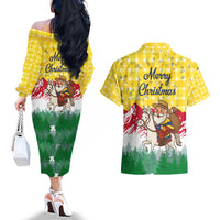 Venezuela Christmas Couples Matching Off The Shoulder Long Sleeve Dress and Hawaiian Shirt with Santa on Horse Traditional Outfit Snowflakes and Yellow Plaid - Wonder Print Shop
