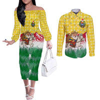 Venezuela Christmas Couples Matching Off The Shoulder Long Sleeve Dress and Long Sleeve Button Shirt with Santa on Horse Traditional Outfit Snowflakes and Yellow Plaid - Wonder Print Shop