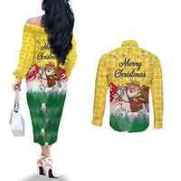 Venezuela Christmas Couples Matching Off The Shoulder Long Sleeve Dress and Long Sleeve Button Shirt with Santa on Horse Traditional Outfit Snowflakes and Yellow Plaid - Wonder Print Shop
