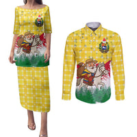 Venezuela Christmas Couples Matching Puletasi and Long Sleeve Button Shirt with Santa on Horse Traditional Outfit Snowflakes and Yellow Plaid - Wonder Print Shop