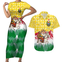 Venezuela Christmas Couples Matching Short Sleeve Bodycon Dress and Hawaiian Shirt with Santa on Horse Traditional Outfit Snowflakes and Yellow Plaid - Wonder Print Shop