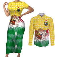 Venezuela Christmas Couples Matching Short Sleeve Bodycon Dress and Long Sleeve Button Shirt with Santa on Horse Traditional Outfit Snowflakes and Yellow Plaid - Wonder Print Shop