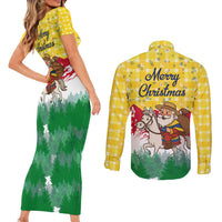 Venezuela Christmas Couples Matching Short Sleeve Bodycon Dress and Long Sleeve Button Shirt with Santa on Horse Traditional Outfit Snowflakes and Yellow Plaid - Wonder Print Shop