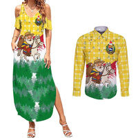 Venezuela Christmas Couples Matching Summer Maxi Dress and Long Sleeve Button Shirt with Santa on Horse Traditional Outfit Snowflakes and Yellow Plaid - Wonder Print Shop