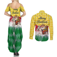 Venezuela Christmas Couples Matching Summer Maxi Dress and Long Sleeve Button Shirt with Santa on Horse Traditional Outfit Snowflakes and Yellow Plaid - Wonder Print Shop