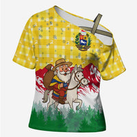 Venezuela Christmas Cross Shoulder Shirt with Santa on Horse Traditional Outfit Snowflakes and Yellow Plaid - Wonder Print Shop