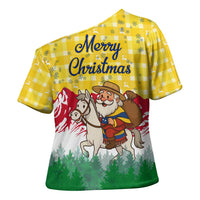 Venezuela Christmas Cross Shoulder Shirt with Santa on Horse Traditional Outfit Snowflakes and Yellow Plaid - Wonder Print Shop