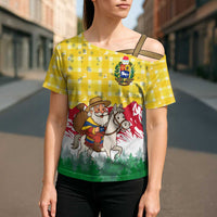 Venezuela Christmas Cross Shoulder Shirt with Santa on Horse Traditional Outfit Snowflakes and Yellow Plaid - Wonder Print Shop
