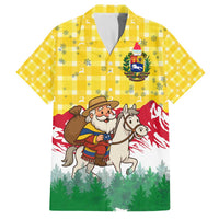 Venezuela Christmas Family Matching Off The Shoulder Long Sleeve Dress and Hawaiian Shirt with Santa on Horse Traditional Outfit Snowflakes and Yellow Plaid - Wonder Print Shop