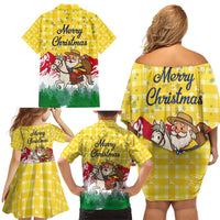 Venezuela Christmas Family Matching Off Shoulder Short Dress and Hawaiian Shirt with Santa on Horse Traditional Outfit Snowflakes and Yellow Plaid - Wonder Print Shop