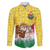 Venezuela Christmas Family Matching Puletasi and Hawaiian Shirt with Santa on Horse Traditional Outfit Snowflakes and Yellow Plaid - Wonder Print Shop