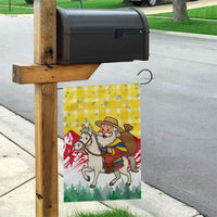 Venezuela Christmas Garden Flag with Santa on Horse Traditional Outfit Snowflakes and Yellow Plaid - Wonder Print Shop