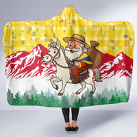 Venezuela Christmas Hooded Blanket with Santa on Horse Traditional Outfit Snowflakes and Yellow Plaid - Wonder Print Shop