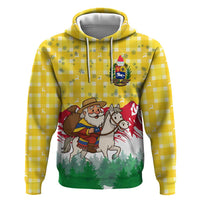 Venezuela Christmas Hoodie with Santa on Horse Traditional Outfit Snowflakes and Yellow Plaid - Wonder Print Shop