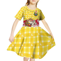 Venezuela Christmas Kid Short Sleeve Dress with Santa on Horse Traditional Outfit Snowflakes and Yellow Plaid - Wonder Print Shop