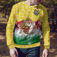 Venezuela Christmas Ugly Christmas Sweater with Santa on Horse Traditional Outfit Snowflakes and Yellow Plaid - Wonder Print Shop