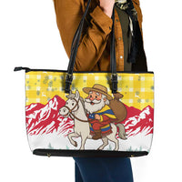 Venezuela Christmas Leather Tote Bag with Santa on Horse Traditional Outfit Snowflakes and Yellow Plaid - Wonder Print Shop