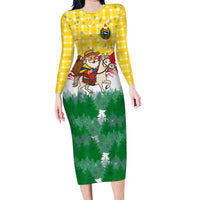 Venezuela Christmas Long Sleeve Bodycon Dress with Santa on Horse Traditional Outfit Snowflakes and Yellow Plaid - Wonder Print Shop