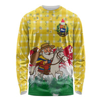 Venezuela Christmas Long Sleeve Shirt with Santa on Horse Traditional Outfit Snowflakes and Yellow Plaid - Wonder Print Shop
