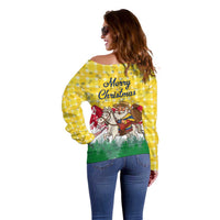 Venezuela Christmas Off Shoulder Sweater with Santa on Horse Traditional Outfit Snowflakes and Yellow Plaid - Wonder Print Shop