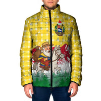 Venezuela Christmas Padded Jacket with Santa on Horse Traditional Outfit Snowflakes and Yellow Plaid - Wonder Print Shop