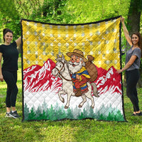 Venezuela Christmas Quilt with Santa on Horse Traditional Outfit Snowflakes and Yellow Plaid - Wonder Print Shop