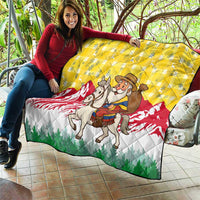 Venezuela Christmas Quilt with Santa on Horse Traditional Outfit Snowflakes and Yellow Plaid - Wonder Print Shop
