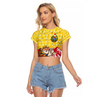Venezuela Christmas Raglan Cropped T Shirt with Santa on Horse Traditional Outfit Snowflakes and Yellow Plaid - Wonder Print Shop