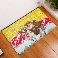 Venezuela Christmas Rubber Doormat with Santa on Horse Traditional Outfit Snowflakes and Yellow Plaid - Wonder Print Shop
