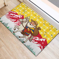 Venezuela Christmas Rubber Doormat with Santa on Horse Traditional Outfit Snowflakes and Yellow Plaid - Wonder Print Shop
