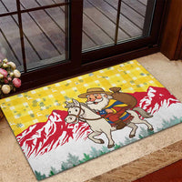 Venezuela Christmas Rubber Doormat with Santa on Horse Traditional Outfit Snowflakes and Yellow Plaid - Wonder Print Shop