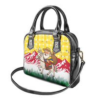 Venezuela Christmas Shoulder Handbag with Santa on Horse Traditional Outfit Snowflakes and Yellow Plaid - Wonder Print Shop