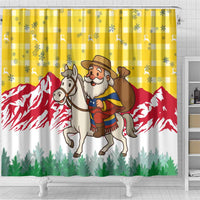 Venezuela Christmas Shower Curtain with Santa on Horse Traditional Outfit Snowflakes and Yellow Plaid - Wonder Print Shop