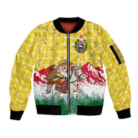 Venezuela Christmas Sleeve Zip Bomber Jacket with Santa on Horse Traditional Outfit Snowflakes and Yellow Plaid - Wonder Print Shop